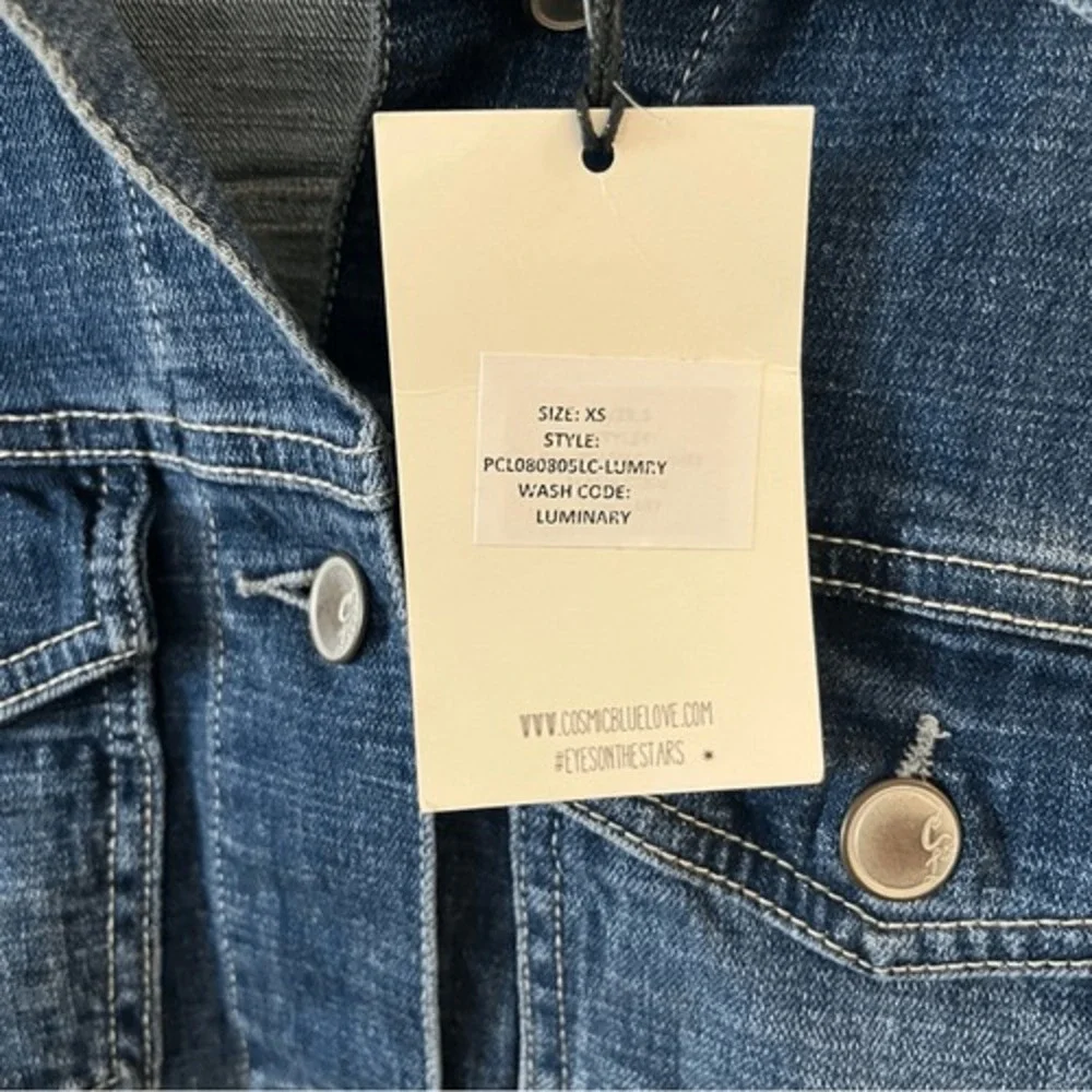 Cosmic Blue Love Luminary Denim‎ Jacket Medium Wash Button Front Classic Fit XS